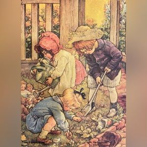 Victorian children gardening greeting card